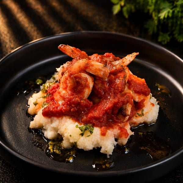 Shrimp and grits with red sauce and green herbs on a black plate.