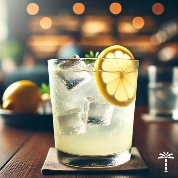 A refreshing Santana's Kitchen cocktail with ice and a lemon slice on a wooden table.