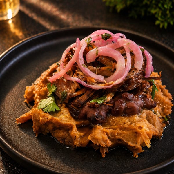 Savory dish with mashed plantains, black beans, shredded meat, and pickled red onions on a black plate.