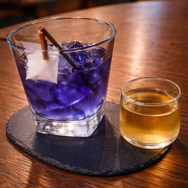 A vibrant purple cocktail with ice and a small paper sail, next to a smaller glass of amber liquid.