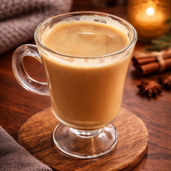 A glass mug of chai latte on a wooden coaster, with cinnamon sticks and star anise.