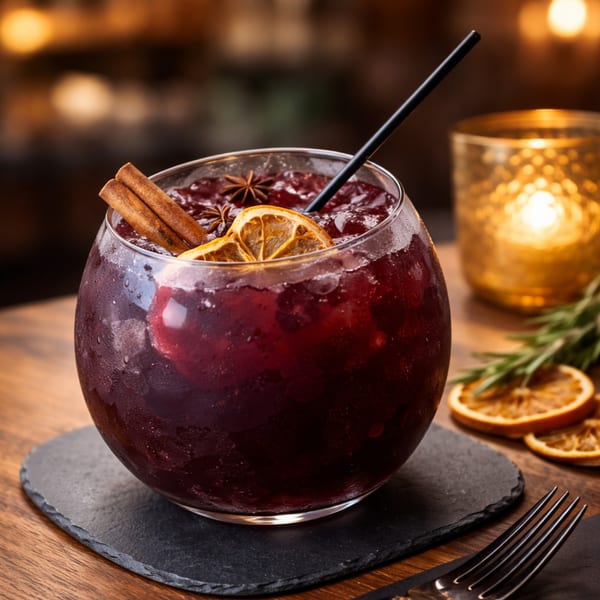 A dark red cocktail with cinnamon sticks, star anise, and dried orange slices in a round glass.