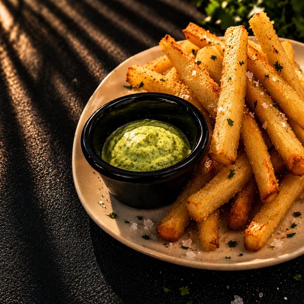 Crispy golden yuca fries with salt and parsley, served with a vibrant green dipping sauce.