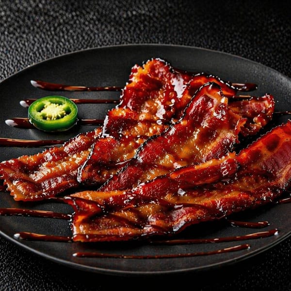Crispy bacon strips drizzled with dark sauce and a green jalapeño slice on a black plate.