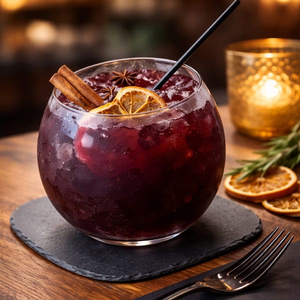 A dark red cocktail with cinnamon sticks, star anise, and dried orange slices in a round glass.