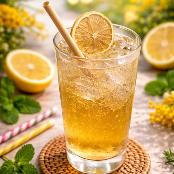 A refreshing iced lemon drink with a bamboo straw and lemon slice, surrounded by mint and lemons.
