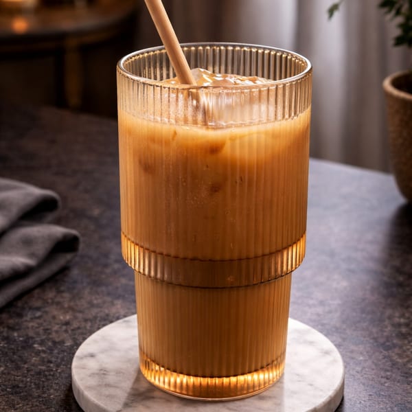 Iced coffee with a straw in a ribbed glass on a marble coaster, with a dark napkin and plant in the background.