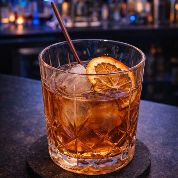A cocktail with ice, a dried orange slice, and a straw, on a dark coaster.